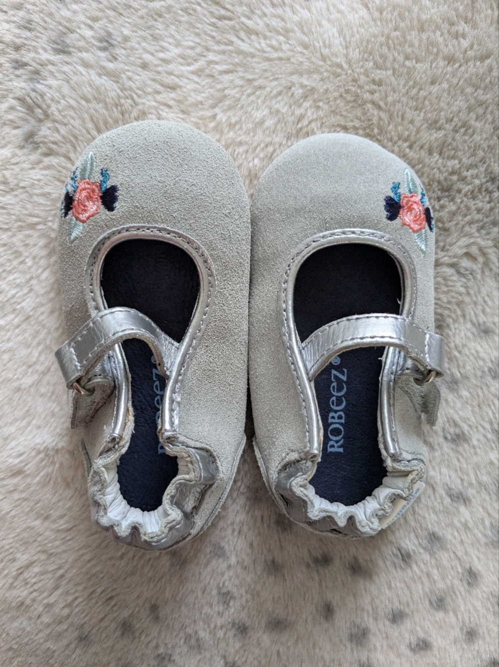 Robeez Silver Mary Jane Shoes with Pink & Blue Floral Embroidery